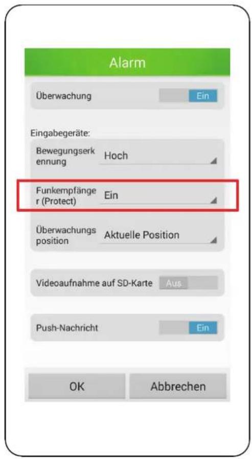 Alarm Überwachung Ein Eingabegeräte: Bewegungserk ennung Hoch Funkempfänger (Protect) Ein Überwachungs position Aktuelle Position Videoaufnahme auf SD-Karte Aus Push-Nachricht Ein OK Abbrechen