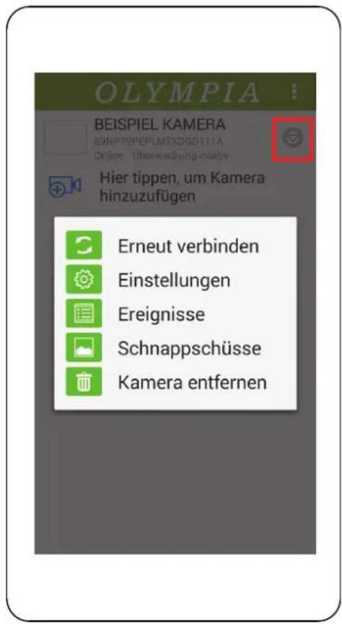 OLYMPIA BEISPIEL KAMERA SINPTIPEFLMTXDG0111A Online: Überwachung insolv Hier tippen, um Kamera hinzuzufügen Erneut verbinden Einstellungen Ereignisse Schnappschüsse Kamera entfernen