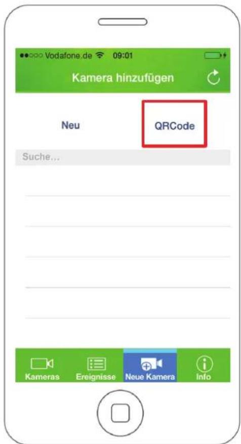Vodafone.de 09:01 Kamera hinzufügen Neu QRCode Suche... Kameras Ereignisse Neue Kamera Info