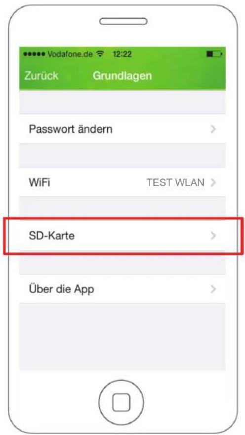 Vodafone.de 12:22 Zurück Grundlagen Password ändern > WiFi TEST WLAN > SD-Karte > Über die App >