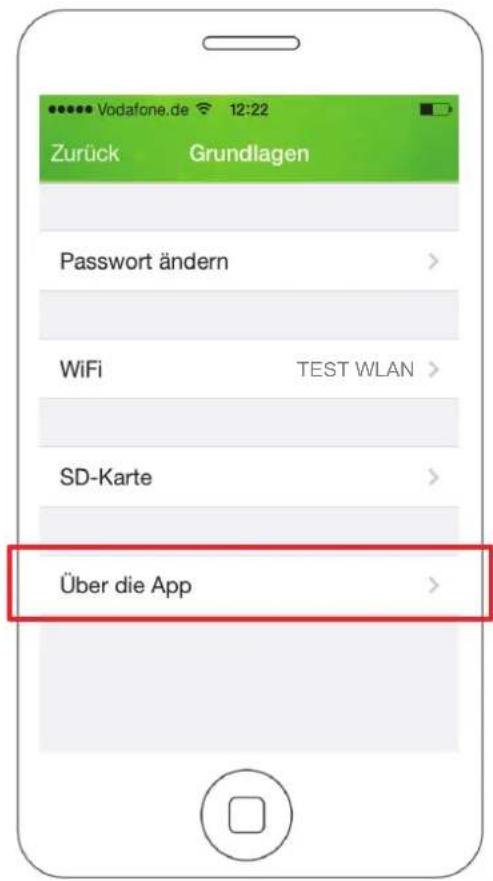Vodafone.de 12:22 Zurück Grundlagen Password ändern > WiFi TEST WLAN > SD-Karte > Über die App >