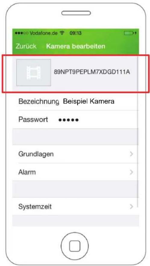 Zurück Kamera bearbeiten 89NPT9PEPLM7XDGD111A Bezeichnung Beispiel Kamera Password ...... Grundlagen > Alarm > Systemzeit >