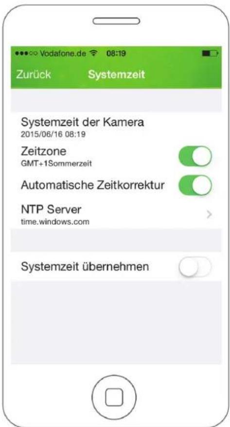 Vodafone.de 08:19 Zurück Systemzeit Systemzeit der Kamera 2015/06/16 08:19 Zeitzone GMT+1Sommerzeit Automatische Zeitkorrektur NTP Server time.windows.com Systemzeit übernehmen