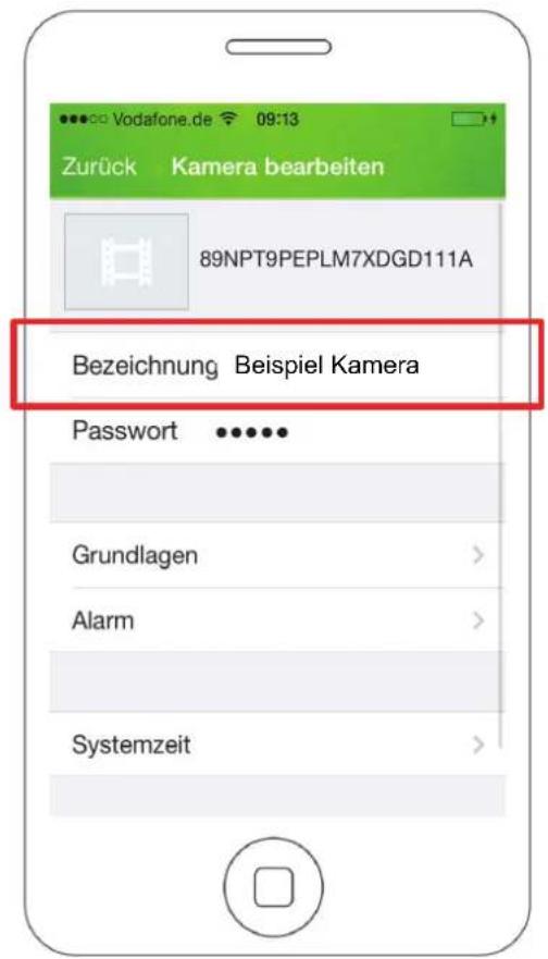 Zurück Kamera bearbeiten 89NPT9PEPLM7XDGD111A Bezeichnung Beispiel Kamera Password ...... Grundlagen > Alarm > Systemzeit >