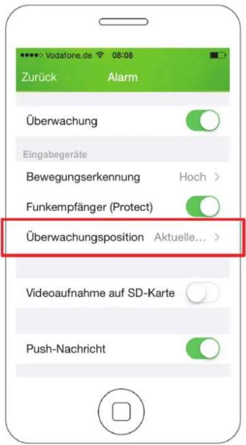 Vodafone.de 08:08 Zurück Alarm Überwachung Eingabegeräte Bewegungserkennung Hoch > Funkempfänger (Protect) Überwachungsposition Aktuelle... Videoaufnahme auf SD-Karte Push-Nachricht