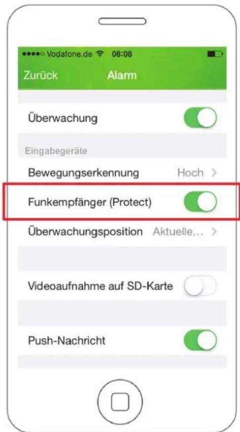 Vodafone.de 08:08 Zurück Alarm Überwachung Eingabegeräte Bewegungserkennung Hoch > Funkempfänger (Protect) Überwachungsposition Aktuelle... Videoaufnahme auf SD-Karte Push-Nachricht