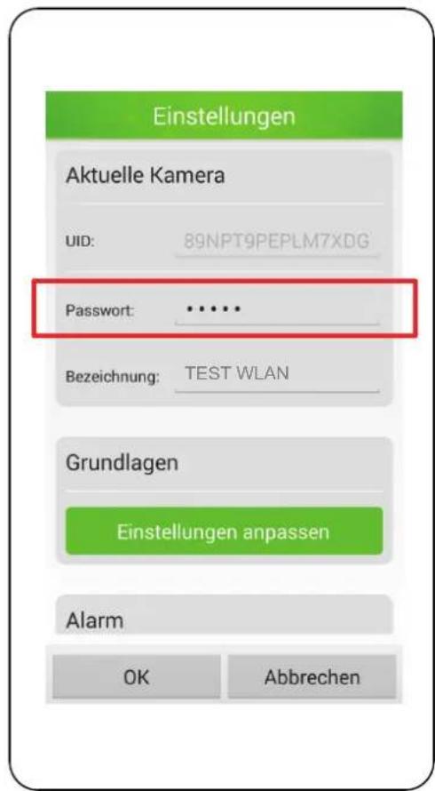 Einstellungen Aktuelle Kamera UID: 89NPT9PEPLM7XDG Password: ••••• Bezeichnung: TEST WLAN Grundlagen Einstellungen anpassen Alarm OK Abbrechen