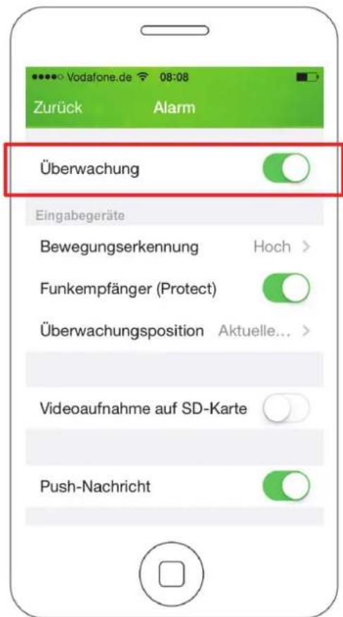 Vodafone.de 08:08 Zurück Alarm Überwachung Eingabegeräte Bewegungserkennung Hoch > Funkempfänger (Protect) Überwachungsposition Aktuelle... Videoaufnahme auf SD-Karte Push-Nachricht