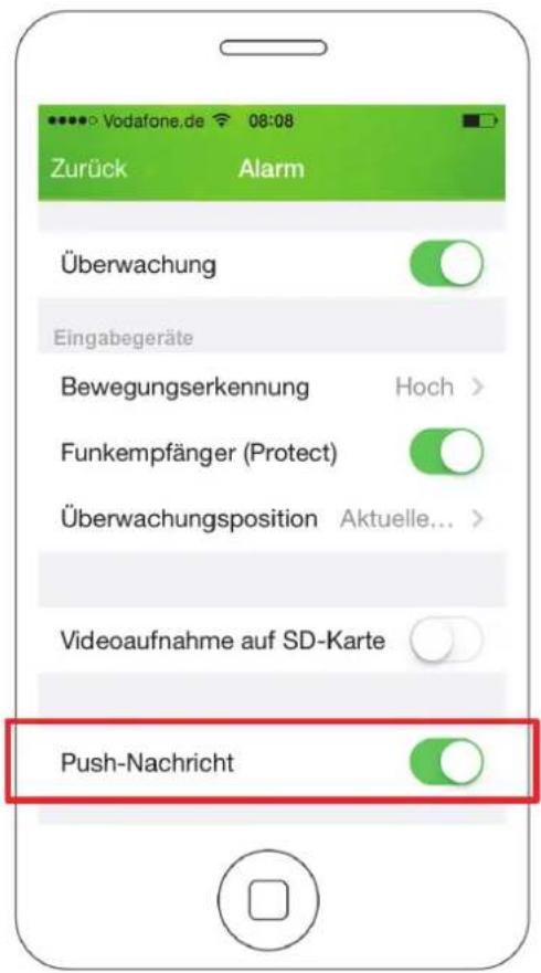 Vodafone.de 08:08 Zurück Alarm Überwachung Eingabegeräte Bewegungserkennung Hoch > Funkempfänger (Protect) Überwachungsposition Aktuelle... Videoaufnahme auf SD-Karte Push-Nachricht