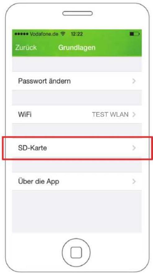 Vodafone.de 12:22 Zurück Grundlagen Password ändern > WiFi TEST WLAN > SD-Karte > Über die App >
