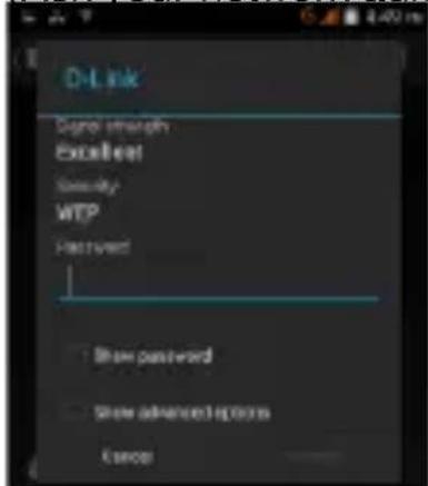 D-Link Signal strength Excellent Security WTP Password Show password Show advanced options Cancel