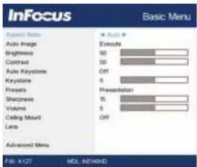 InFocus Basic Menu Power Ratio Audio Image Brightness Contrast Audio Keystone Keystone Presets Sheepness Volume Ceiling Mount Lens Advanced Menu Audio P Execute 50 50 OFF 0 Presentation 5 5 OFF F8: 1/27 MOL. NO/HOLD