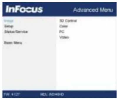 InFocus Advanced Menu Setup Setup Status/Service Event Menu 3D Control Case PC Video FIR. 4.127 NEL: INDIAHID
