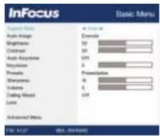 InFocus Basic Menu Advanced Menu Auto - Image Beginner Cohneer Auto - Maskine Keyphone Profile Sharpness Volume Coding Wizard Lane Advanced Menu Example 30 30 241 8 Presentation 8 8 247 DW: 4127 MSI: 6990000