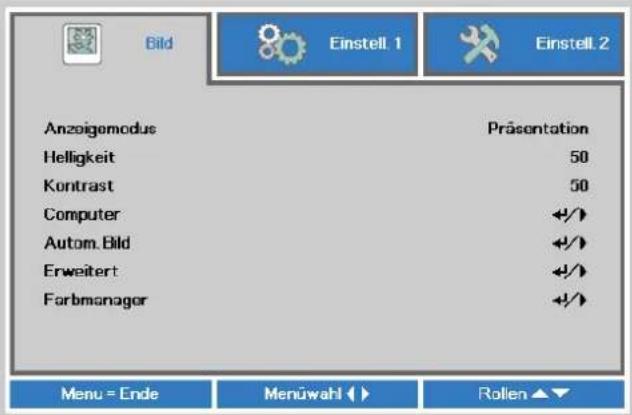Bild Einstell. 1 Einstell. 2 Anzoigemodus Präsentation Helligkeit 50 Krontrast 50 Computer +/+ Autom. Bild +/+ Erweitert +/+ Farbmanager +/+ Menu = Ende Menüwahl ▶ Rollen ▶