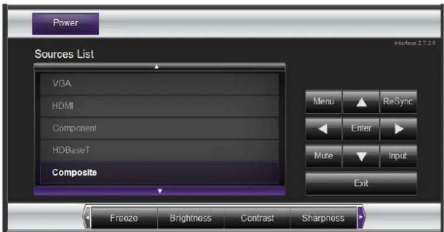 Power Sources List VGA HDMI Component HDBaseT Composite Menu ReSync Enter Mute Input Exit Freeze Brightness Contrast Sharpness