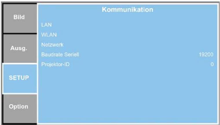 Bild Ausg. SETUP Option Kommunikation LAN WLAN Netzwerk Baudrate Seriell 19200 Projektor-ID 0