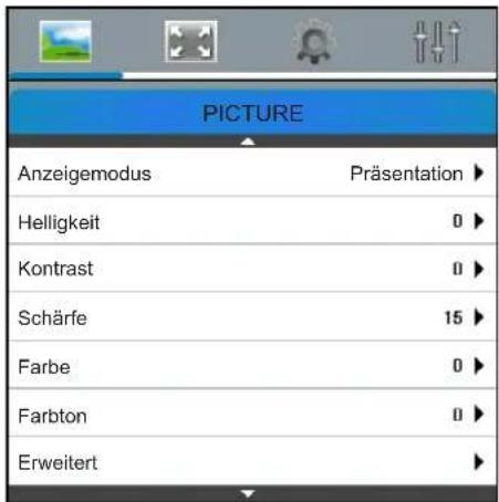 PICTURE Anzeigemodus Präsentation ▶ Helligkeit 0 ▶ Kontrast 0 ▶ Schärfe 15 ▶ Farbe 0 ▶ Farbton 0 ▶ Erweitert ▶
