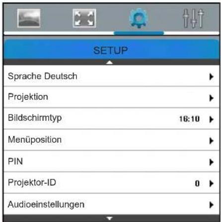 SETUP Sprache Deutsch Projektion Bildschirmtyp 16:10 Menüposition PIN Projektor-ID 0 Audioeinstellungen
