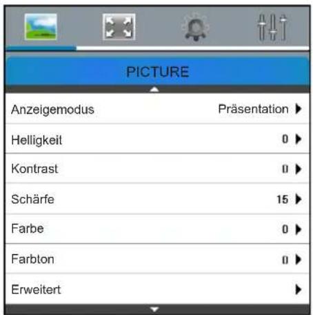 PICTURE Anzeigemodus Präsentation ▶ Helligkeit 0 ▶ Kontrast 0 ▶ Schärfe 15 ▶ Farbe 0 ▶ Farblon 0 ▶ Erweitert ▶