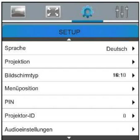 SETUP Sprache Deutsch ▶ Projektion Bildschirmtyp 16:10 ▶ Menüposition PIN Projektor-ID 0 ▶ Audioeinstellungen