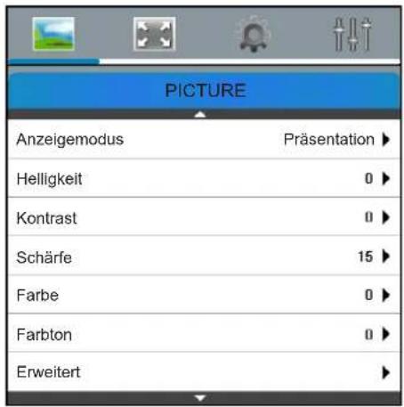 PICTURE Anzeigemodus Präsentation ▶ Helligkeit 0 ▶ Kontrast 0 ▶ Schärfe 15 ▶ Farbe 0 ▶ Farbton 0 ▶ Erweitert ▶