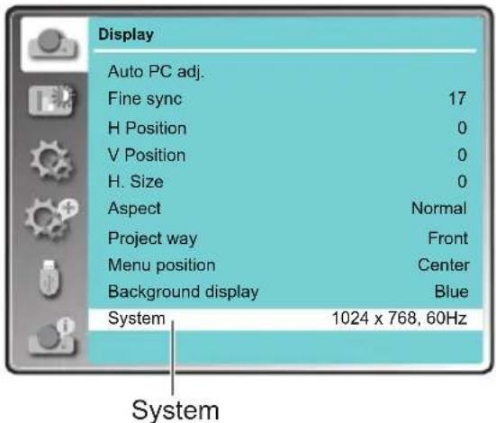 Display Auto PC adj. Fine sync 17 H Position 0 V Position 0 H. Size 0 Aspect Normal Project way Front Menu position Center Background display Blue System 1024 x 768, 60Hz System