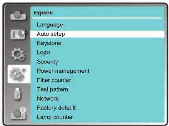 Expend Language Auto setup Keystone Logo Security Power management Filter counter Test pattern Network Factory default Lamp counter