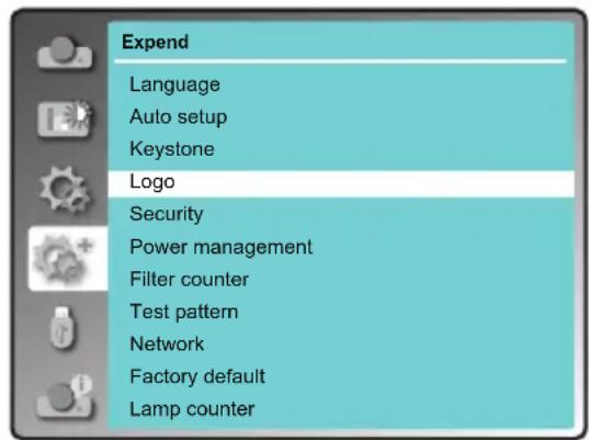 Expend Language Auto setup Keystone Logo Security Power management Filter counter Test pattern Network Factory default Lamp counter