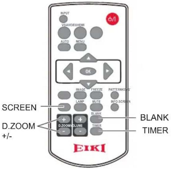 INPUT VGAVIDEOHDMI AUTO MENU OK IMAGE FREEZE PATTERNKEVS' LAMP MUTE INFO.SCREEN BLANK D.ZOOM VOLUME TIMER EIKI SCREEN D.ZOOM +/-