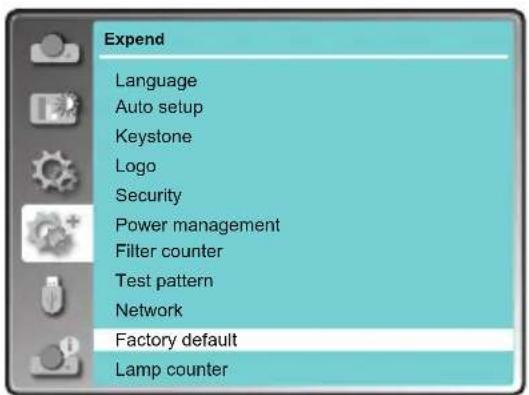 Expend Language Auto setup Keystone Logo Security Power management Filter counter Test pattern Network Factory default Lamp counter