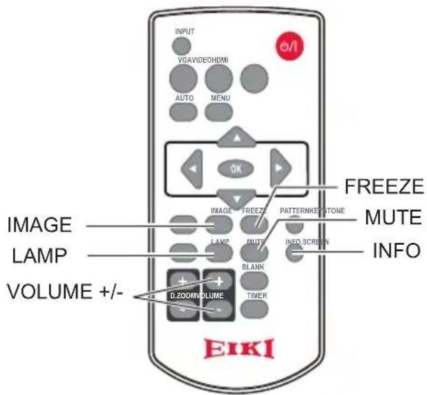 INPUT VOAVIDEOHDMI AUTO MENU O/I OK IMAGE LAMP VOLUME +/- DZOOMVOLUME FREEZE MUTE PATTERNKE STONE INEO SCREEN INFO EIKI