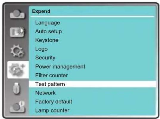 Expend Language Auto setup Keystone Logo Security Power management Filter counter Test pattern Network Factory default Lamp counter