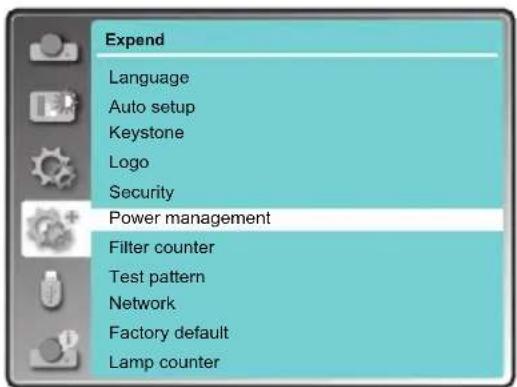 Expend Language Auto setup Keystone Logo Security Power management Filter counter Test pattern Network Factory default Lamp counter