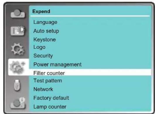 Expend Language Auto setup Keystone Logo Security Power management Filler counter Test pattern Network Factory default Lamp counter