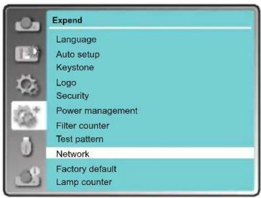 Expend Language Auto setup Keystone Logo Security Power management Filter counter Test pattern Network Factory default Lamp counter