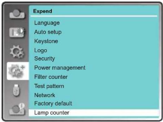 Expend Language Auto setup Keystone Logo Security Power management Filter counter Test pattern Network Factory default Lamp counter