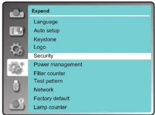 Expend Language Auto setup Keystone Logo Security Power management Filler counter Test pattern Network Factory default Lamp counter