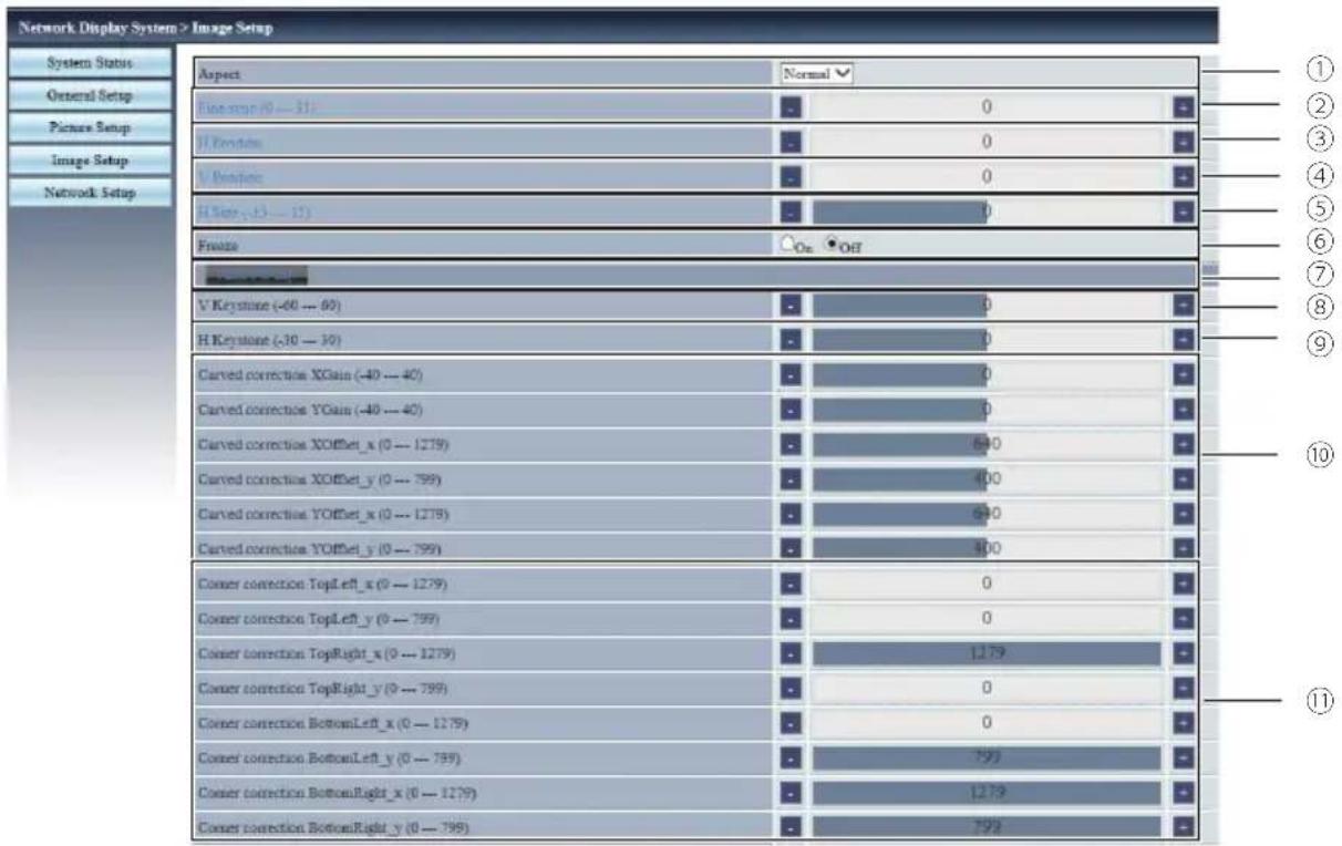 Network Display System > Image Setup System Status General Setup Picture Setup Image Setup Network Setup Aspect Normal Line sum (0 — 31) 0 H Keystone 0 V Beometric 0 H Size (-3 — 15) 0 Freeze On Off Structure V Keystone (-60 — 60) 0 H Keystone (-30 — 30) 0 Curved correction XGain (-40 — 40) 0 Curved correction YGain (-40 — 40) 0 Curved correction XOffset_x (0 — 1279) 640 Curved correction XOffset_y (0 — 799) 400 Curved correction YOffset_x (0 — 1279) 640 Curved correction YOffset_y (0 — 799) 400 Corner correction TopLeft_x (0 — 1279) 0 Corner correction TopLeft_y (0 — 799) 0 Corner correction TopRight_x (0 — 1279) 1279 Corner correction TopRight_y (0 — 799) 0 Corner correction BottomLeft_x (0 — 1279) 0 Corner correction BottomLeft_y (0 — 799) 799 Corner correction BottomRight_x (0 — 1279) 1279 Corner correction BottomRight_y (0 — 799)