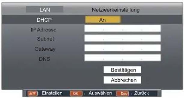 LAN Netzwerkeinstellung DHCP An IP Adresse Subnet Gateway DNS Bestätigen Abbrechen Einstellen OK Auswählen Esc Zurück