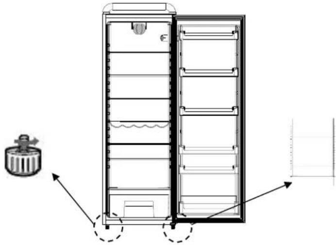 Technical line drawing of a refrigerator with internal compartments and a side-mounted device (no text or symbols)