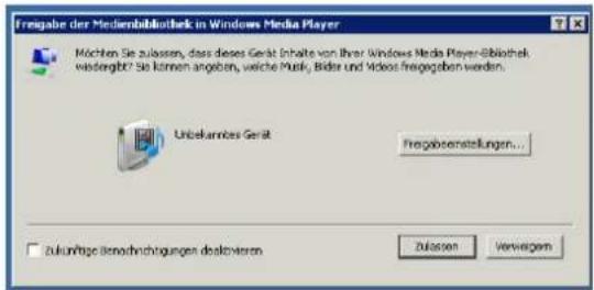 Frengabe der Medienbibliothek in Windows Media Player Möchten Sie zulassen, dass dieses Gerät Inhalte von ihrer Windows Media Player-Bibliothek wassengt? Sie können angeben, welche Puriy, Bilder und Videos freigegeben werden. Unbekarnies Gerät Frengabserstellungen... Zukünftige Benochränigungen deskristen Zulassen Verwägern