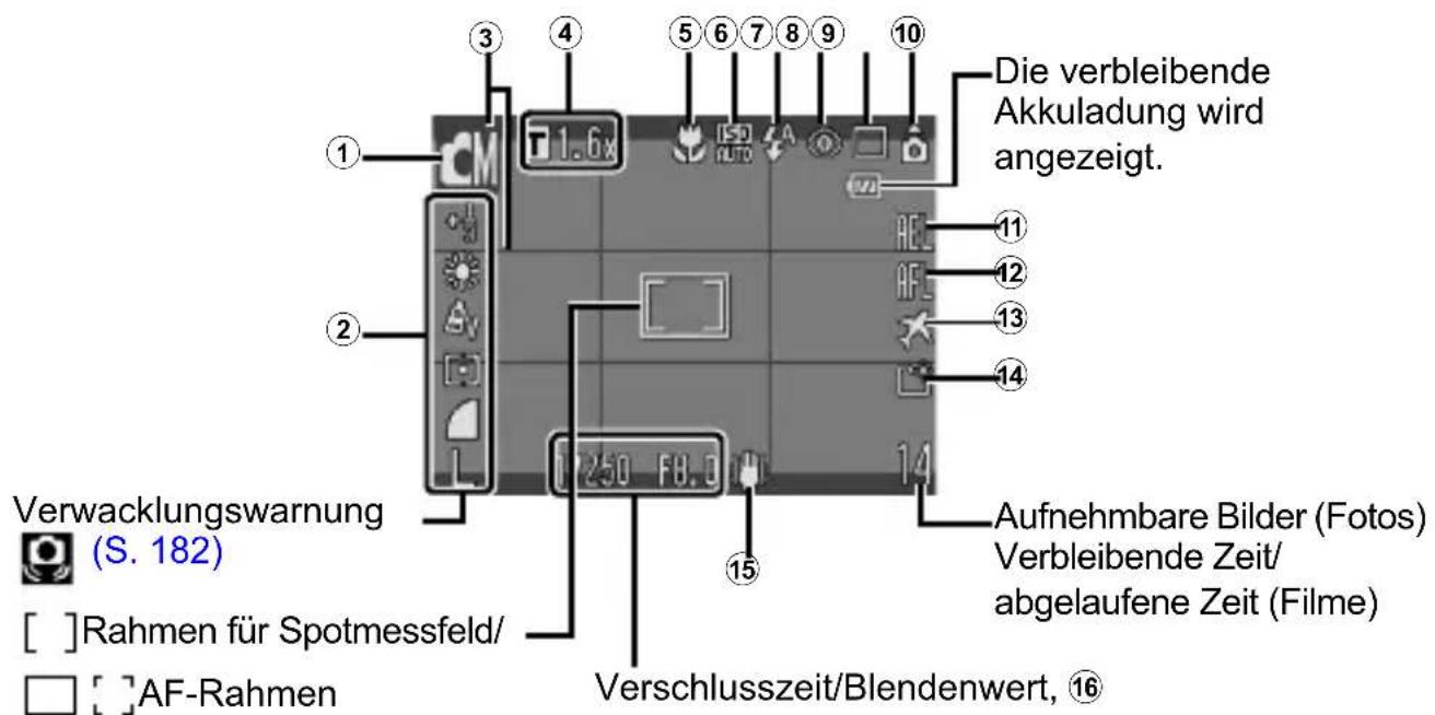 CANON Ixus 80IS - Auf dem LCD-Monitor und in den Menüs angezeigte Informationen - 1