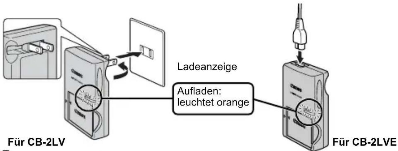 CANON Ixus 82IS - Schließen Sie das Akkuladegerät (CB-2LV) an eine Steckdose an, oder schließen Sie das Netzkabel an das Akkuladegerät (CB-2LVE) an, und verbinden Sie das andere Ende des Netzkabels mit einer Steckdose. - 1