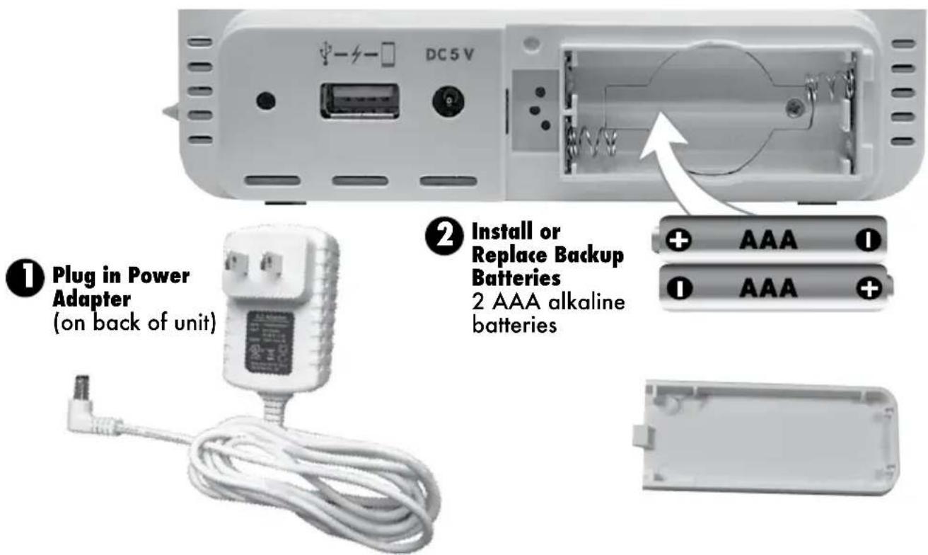 DC5V Plug in Power Adapter (on back of unit) Install or Replace Backup Batteries 2 AAA alkaline batteries