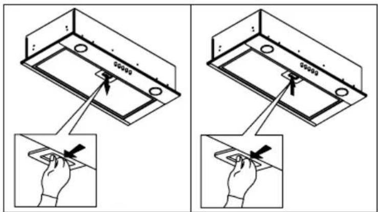 Diagram showing two installation steps of a ceiling-mounted device, with hand positioning and tool application instructions.