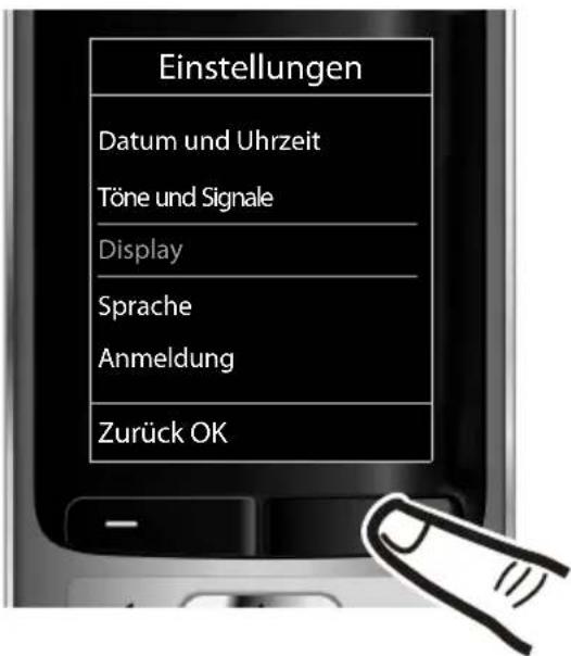 Einstellungen Datum und Uhrzeit Töne und Signale Display Sprache Anmeldung Zurück OK