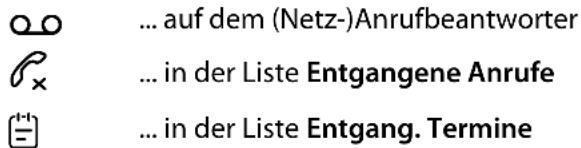... auf dem (Netz-)Anrufbeantworter ... in der Liste Entgangene Anrufe ... in der Liste Entgang. Termine