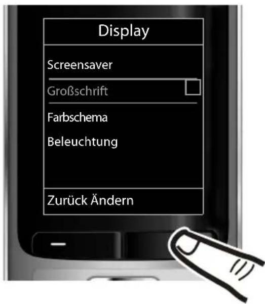 Display Screensaver Großschrift Farbschema Beleuchtung Zurück Ändern