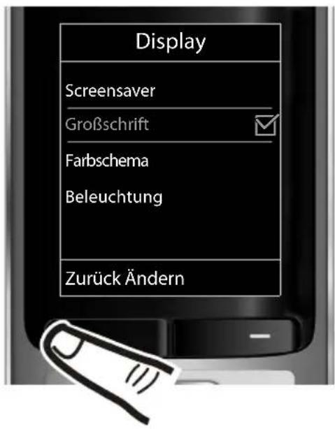 Display Screensaver Großschrift Farbschema Beleuchtung Zurück Ändern